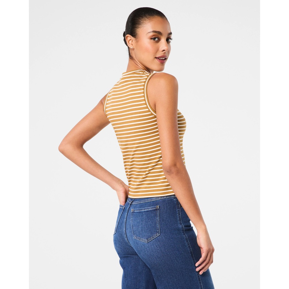 Spanx Mustard White Striped Scoop Neck Tank Top 100% Cotton Womens Size Small - Picture 2 of 9